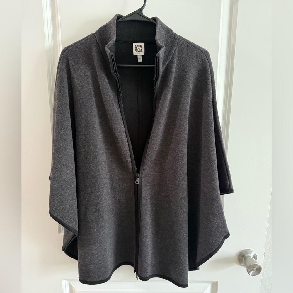 Anne Klein Charcoal Zip-Front Wool Poncho